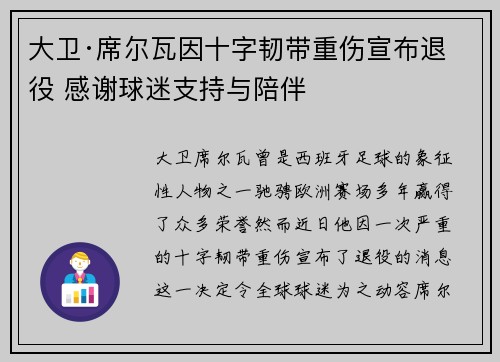 大卫·席尔瓦因十字韧带重伤宣布退役 感谢球迷支持与陪伴